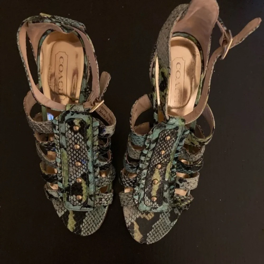 Coach Snakeskin Sarafina Sandal Heels in Blue Green Size 6.5